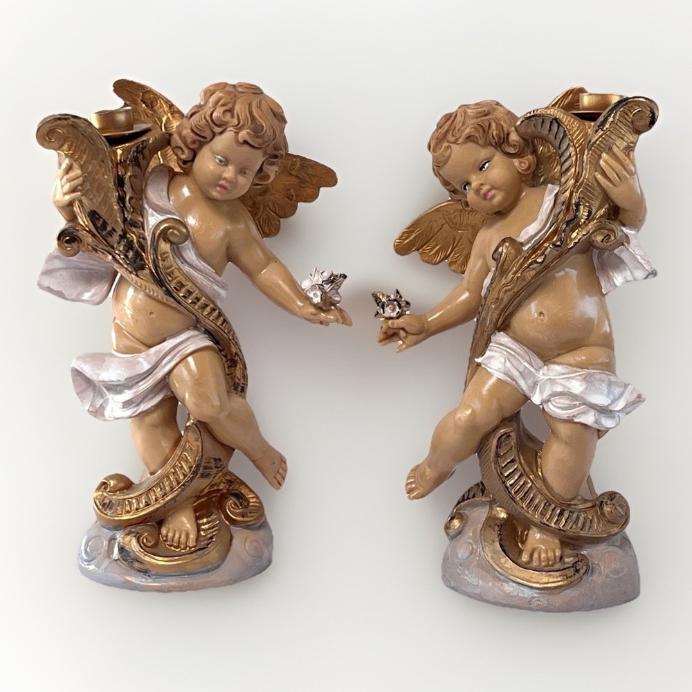 Pair of Vintage Cherub Angel Candle Holders Resin Figurines Fontanini Set Italy